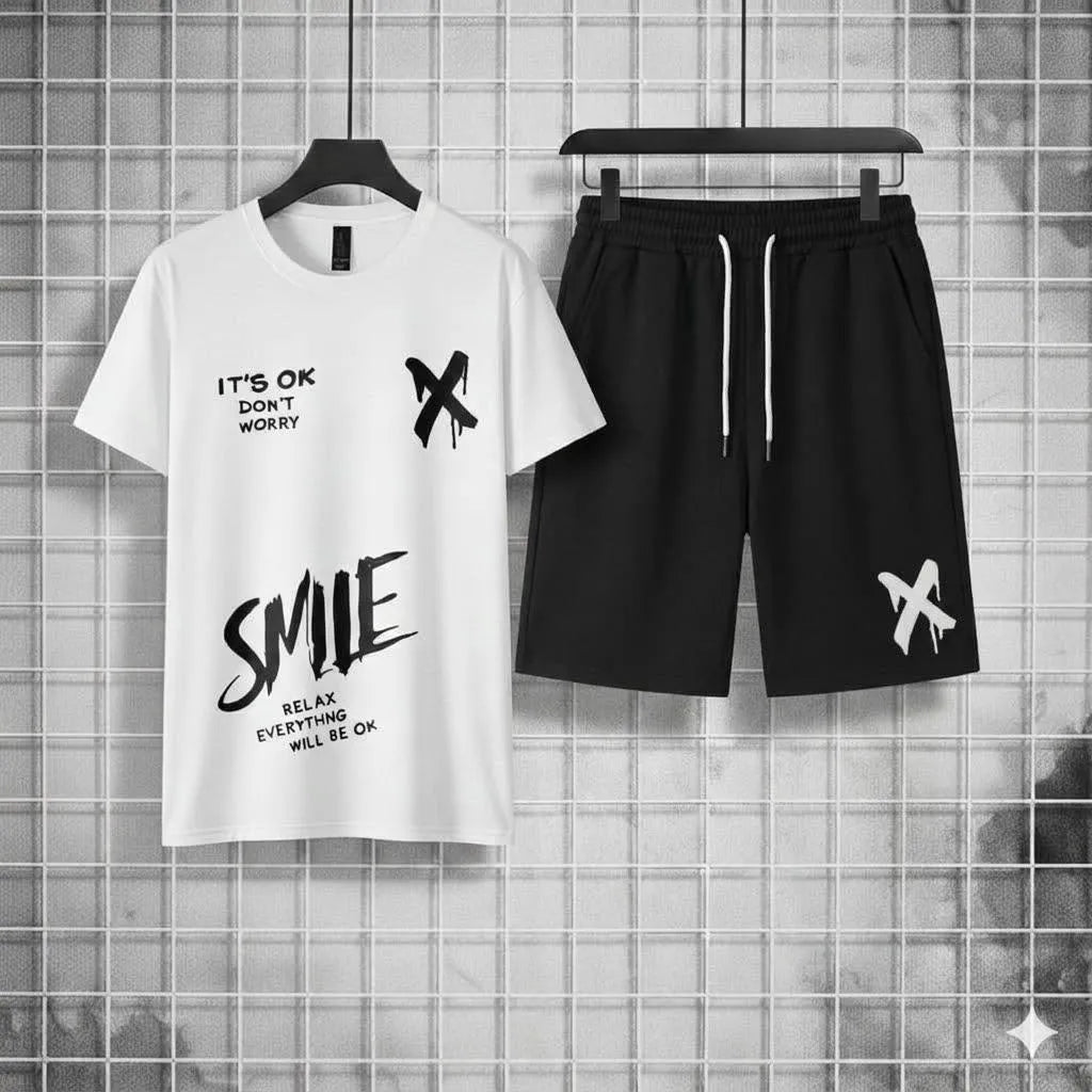 2 Pcs Men's Polyester Printed T-Shirt & Shorts Tracksuit