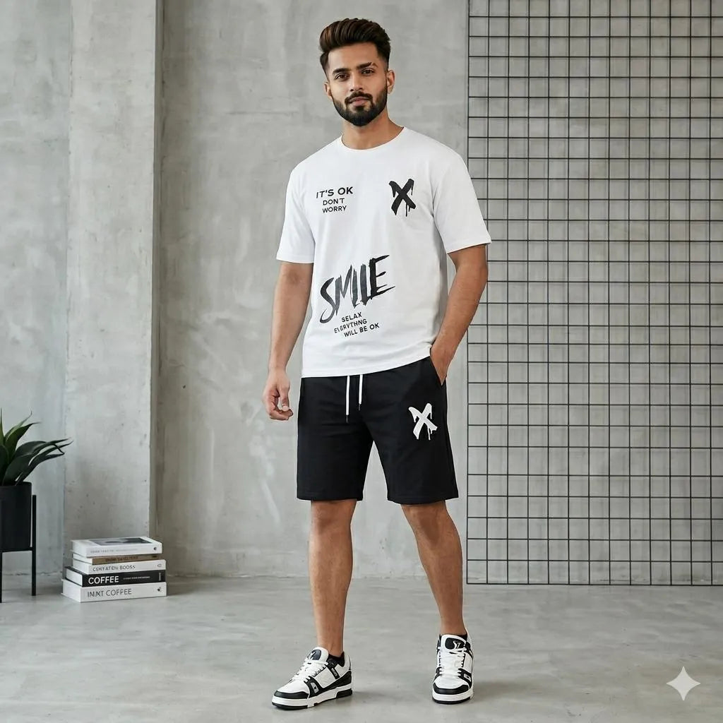 2 Pcs Men's Polyester Printed T-Shirt & Shorts Tracksuit