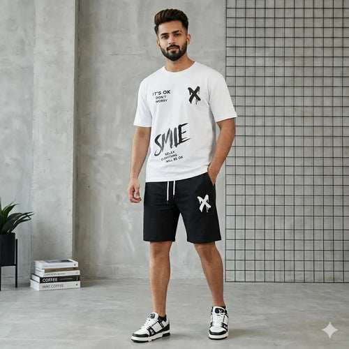 2 Pcs Men's Polyester Printed T-Shirt & Shorts Tracksuit