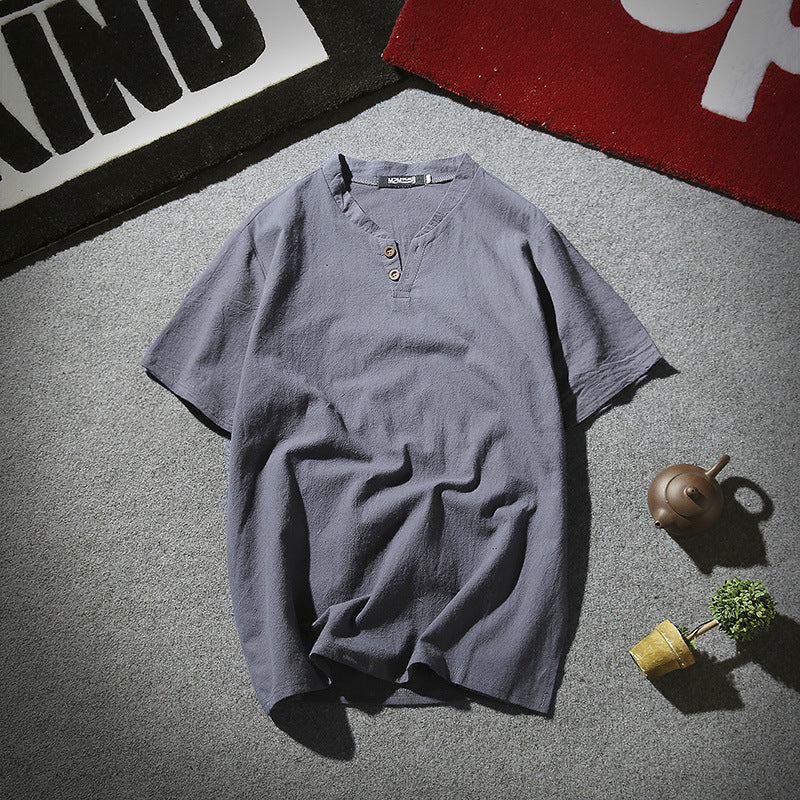 Men Linen Henley Shirt White Summer Retro