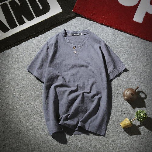 Men Linen Henley Shirt White Summer Retro