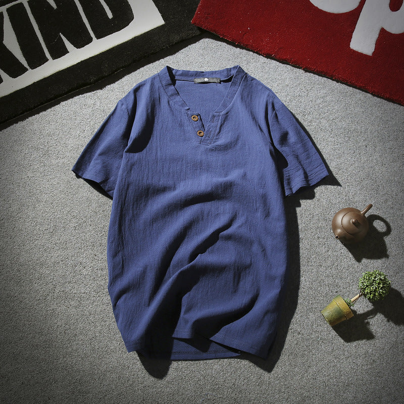 Men Linen Henley Shirt White Summer Retro