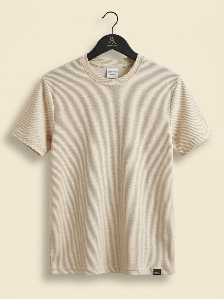 Men’s Premium Ribbed Textured T-Shirt – Beige